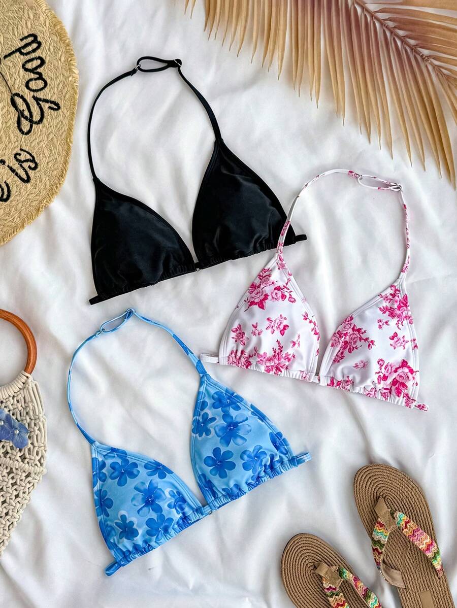 SHEIN 3件套少女纯色针织碎花吊带比基尼上衣套装 - 彩色 - 查看 1
