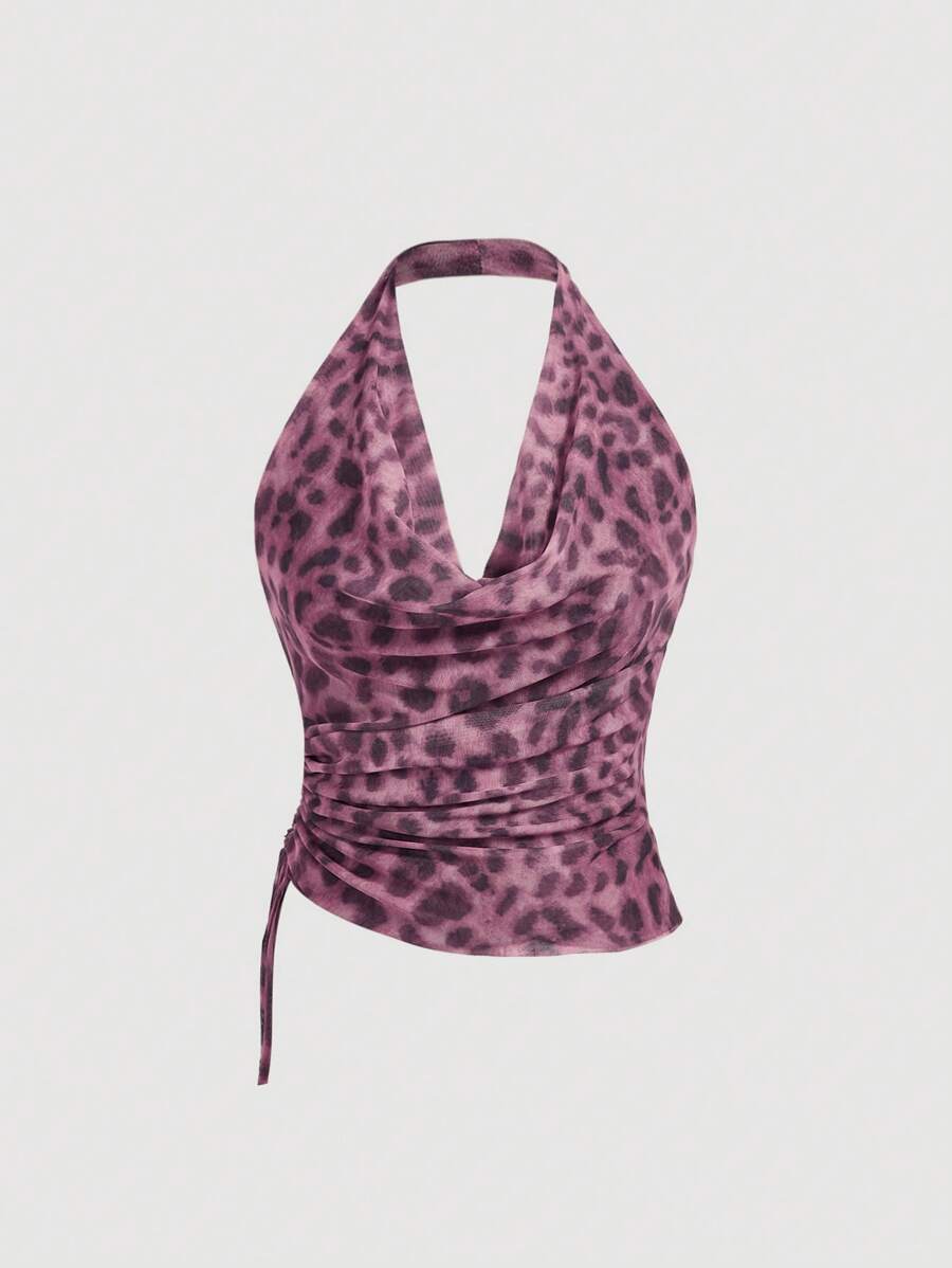 Aveloria GENKIRA Vintage Random Animal Print Leopard Mesh Fabric Swing Neck Asymmetric Ruched Slim Sexy Halter Top For Women - Pink - View 1