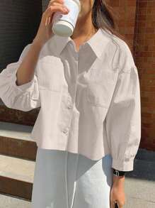 Jouncy Women's Single Breasted Pocket Casual Loose Short Long Sleeve Blouse