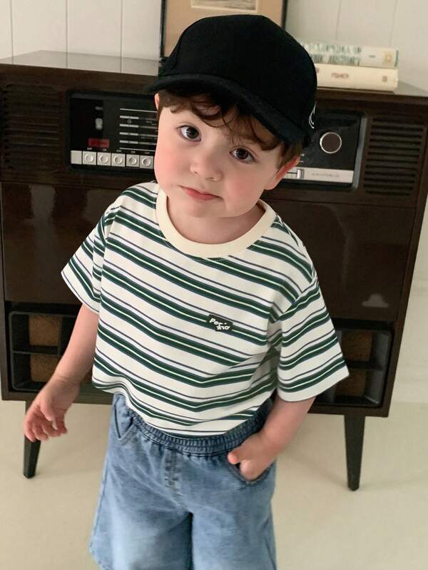 DAZY Baby/Toddler Boy Casual Round Neck Striped Leather Patch Decor Short Sleeve T-Shirt