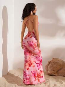Opulessa Women's Deep Draped Neck Backless Vacation Floral Print Maxi Knit Dress,Bodycon Dress