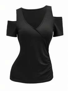 SHEIN 女式黑色深V领性感镂空肩部修身短袖T恤 - 黑色 - 查看 3
