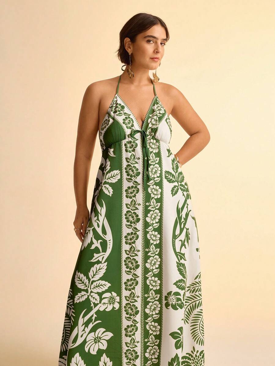 CAJUNI Women Vacation Tropical Boho Flower And Coconut Tree Print Spaghetti Strap Lace Up Casual Beach Summer Maxi Dress