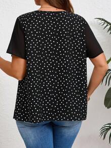 EMERY ROSE Blus Kasual Lengan Pendek Leher Bulat Motif Polkadot Musim Panas untuk Wanita Ukuran Besar, Musim Panas untuk Wanita, Bunga/Liburan/Musim Semi - Hitam - View 2
