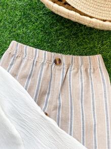 2 Stücke/Set Baby Jungen Lässiger, vielseitiger Outfit mit Stehkragen Langarmoberteil & gestreifter Lange Hose, geeignet für Alltag, Outdoor und Partytragen, Frühling/Sommer