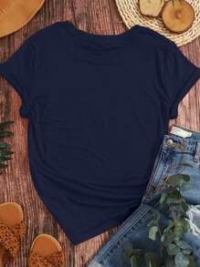SHEIN LUNE Camiseta de cuello redondo de verano para mujer con estampado de crisantemo y letras en inglés, tallas grandes