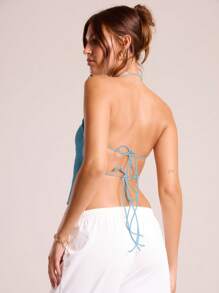 MUSERA Top con cuello halter y busto fruncido, estilo femenino y elegante para verano, graduación, vacaciones, festival de otoño, carnaval, primavera y verano - Azul - Ver 2