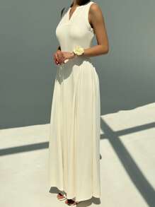 Aloruh Nuevo vestido elegante y a la moda de ajuste ceñido, en color liso, con cuello dividido de punto, sin mangas, con fruncidos