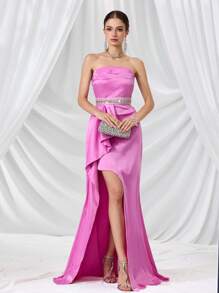 Coutiva Vestido de noche con escote descubierto para mujer (con aplicaciones), vestido de fiesta para invitada de boda - Rosa coral - Ver 5
