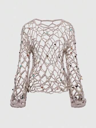 Fairycore Blusa holgada y delgada de estilo de vacaciones para mujer con cadena de cuentas calada
