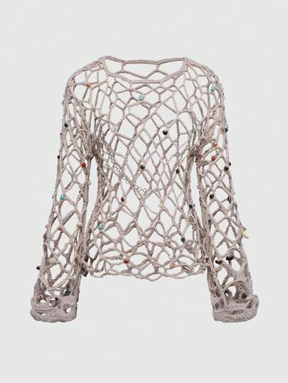 Fairycore Top ample et mince en tricot avec chaîne à perles ajourée en style vacances décontracté pour femmes