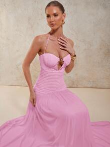 COSMINA Women's Solid Color Hollow-Out Metal Decor Sexy Halter Super Long Dress,Bodycon Dress