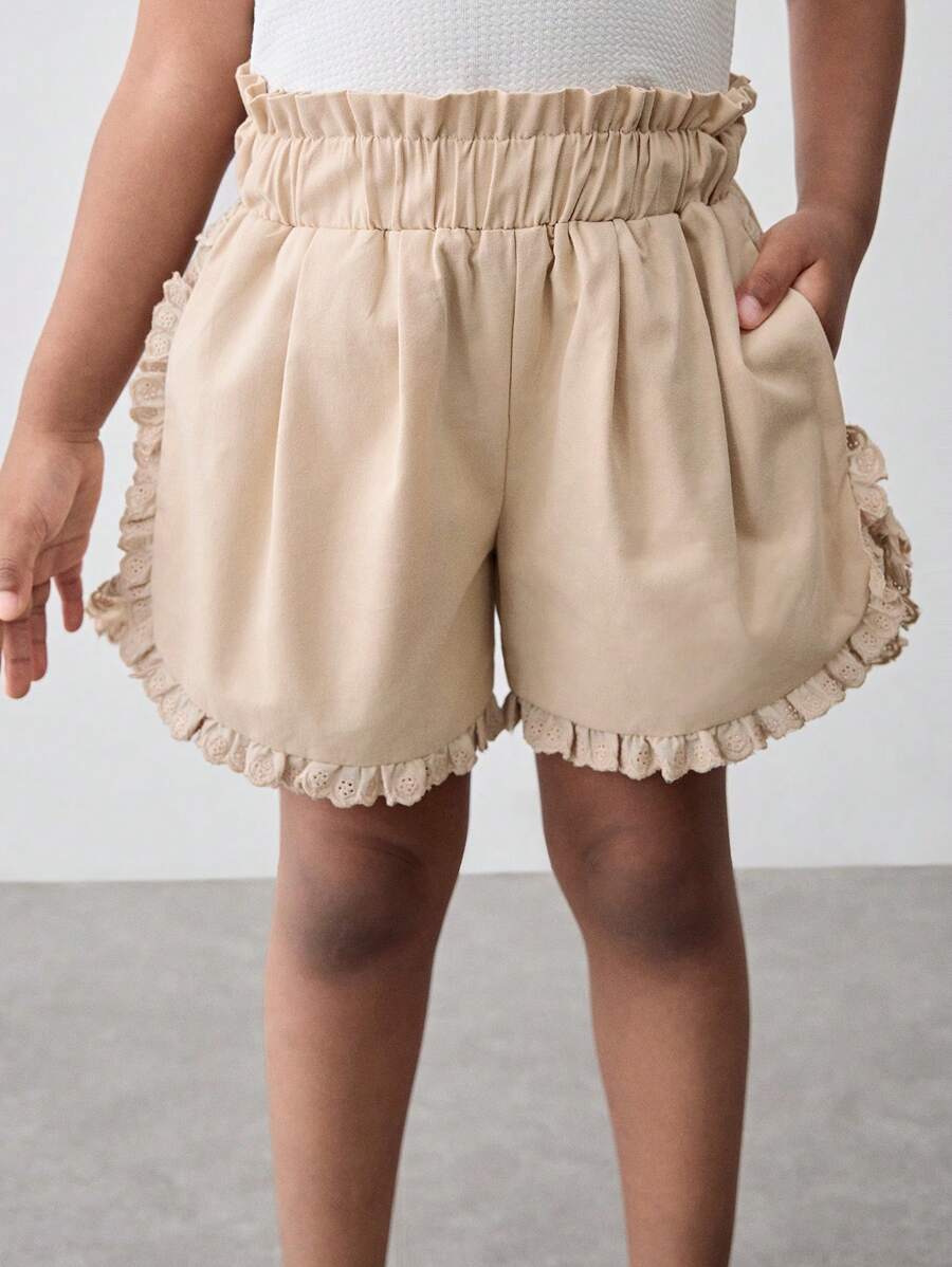 Maija Kids Maija Kids Young Girl's Summer Fashion Simple Casual Versatile Loose A-Line Style Light Khaki Ruffled Hem Solid Color Shorts - Khaki - View 1
