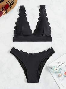Swim Vcay 2件套夏季优雅黑色激光切割花卉短款上衣和高腰内裤比基尼套装 - 黑色 - 查看 1