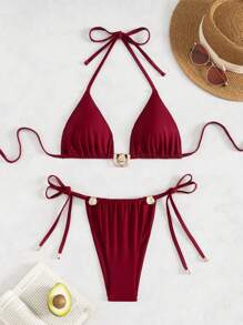 Swim SXY Red Triangle Top And Bottom Women's Red Bikini Swimsuit Set With Metal Accents, Vacation Style For Summer , Beach - Red - View 5