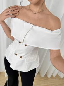 Modelyn Blusa elegante de diseño moderno con hombros descubiertos y doble botón para mujer, primavera/verano - Blanco - Ver 5