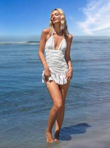 SHEIN ICON Damen einfarbiges Träger-V-Ausschnitt-Kleid mit Rüschen, 4th of July Damen Outfit