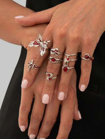 Grunge Punk 1 Set Stylish And Cute Women's Metallic Liquid Lava Butterfly Ring Set
