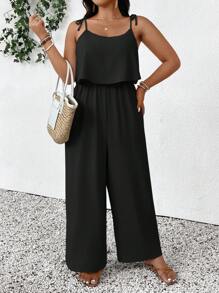 SHEIN Frenchy Plus Size Casual Vacation Textured Solid Color Jumpsuit - Black - View 4