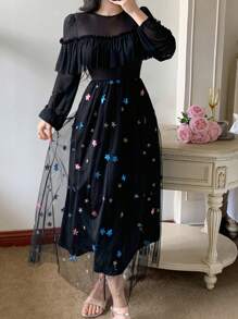 DAZY Women's Star Decor Mesh Spliced Tiered Hem Colorblock Dress Maxi Dress - Black - View 3