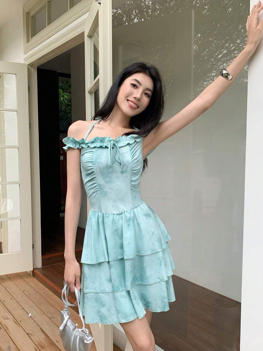 SHEIN LUNE Romantic Vacation Tie-Dye Multi-Layer Ruffle Splice Ladies' Slip Dress - Multicolor - View 1