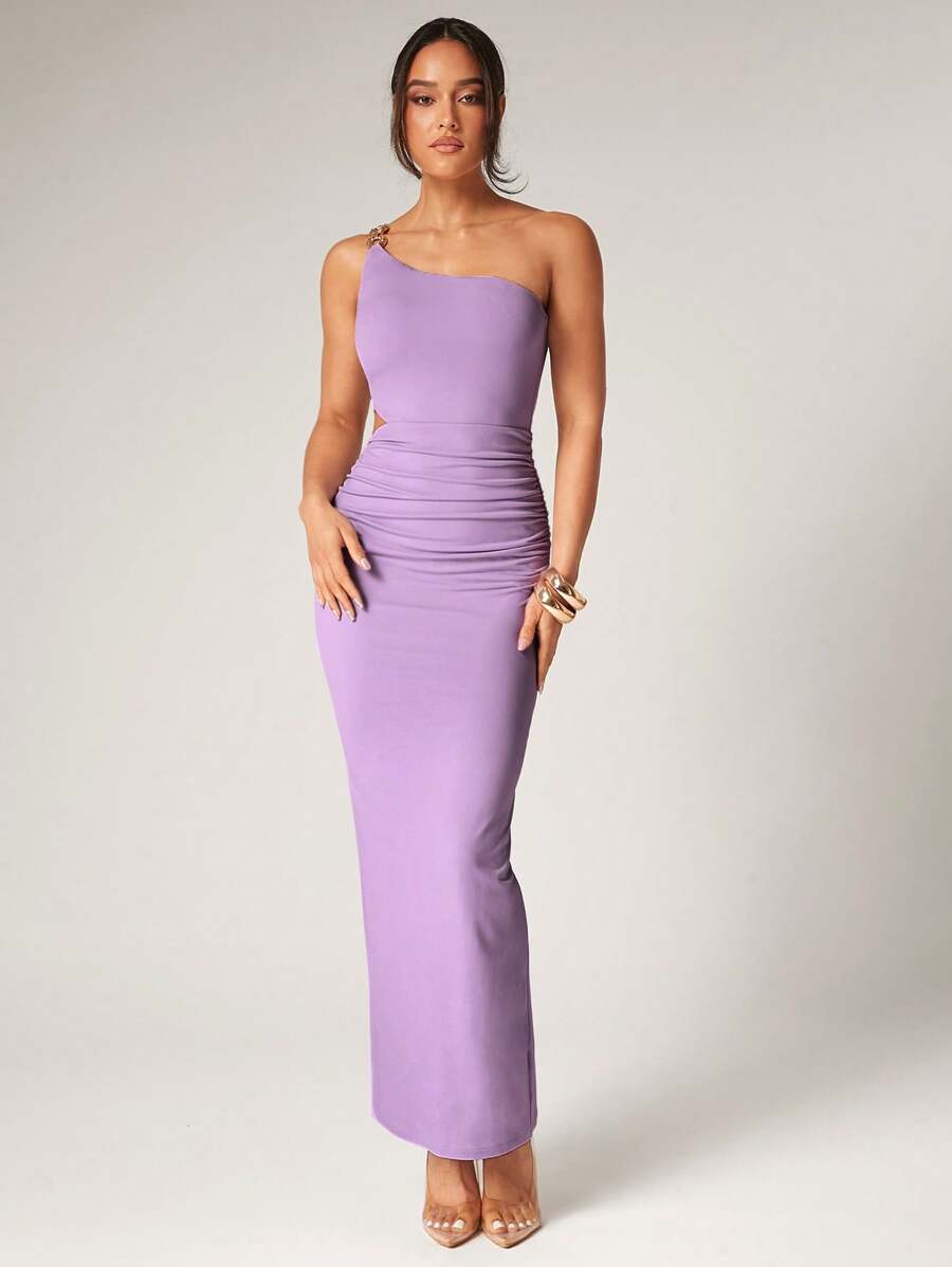 Silquee Women's Purple One-Shoulder Hollow Waist, Metal Chain Decoration, Slim And Elegant Dress, Graduation Dress, Graduation Dresses For Womensummer Outfits - Purple - View 1