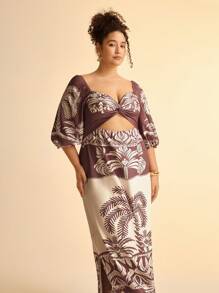 CAJUNI Vestido de playa de resort para mujer talla grande estilo bohemio con estampado tropical de árbol de coco rojo, mangas abultadas, nudo en el pecho y color beige - Multicolor - Ver 1