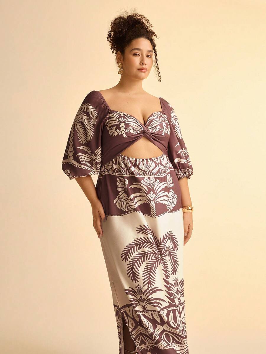 CAJUNI Vestido de playa de resort para mujer talla grande estilo bohemio con estampado tropical de árbol de coco rojo, mangas abultadas, nudo en el pecho y color beige - Multicolor - Ver 1