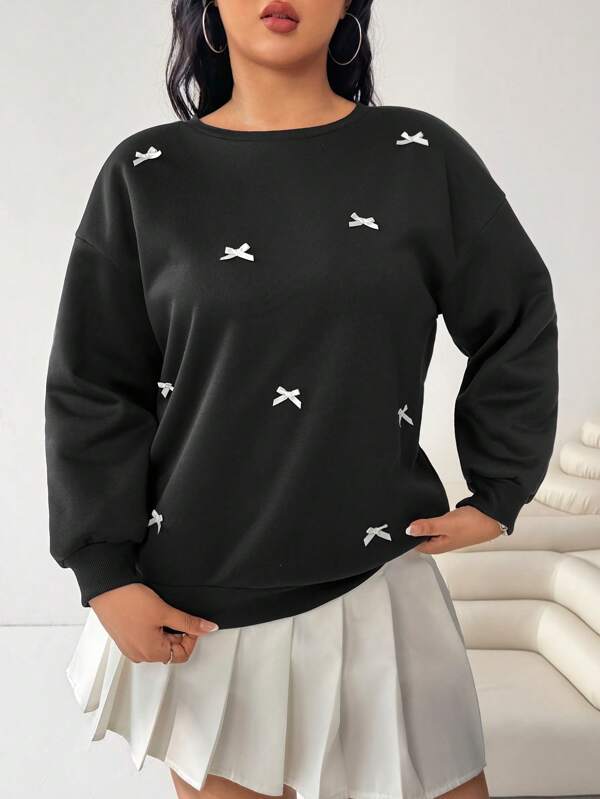 SHEIN EZwear Plus Size White Bow Decor Casual Sweatshirt Winter Fall Autumn