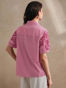 Anewsta New Perforated, Embroidered & Striped Short Sleeve Women Blouse, Summer