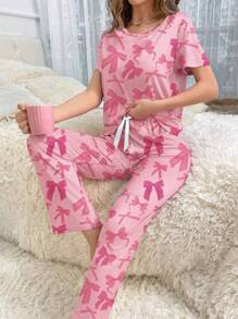 SHEIN Pink Bow Allover Print Short Sleeve Pajama Set Bowknot - Multicolor - View 7