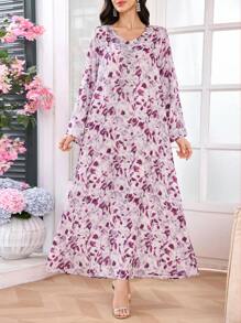 Al Najma 女式花卉印花V领长袖宽松连衣裙 - 紫色 - 查看 4