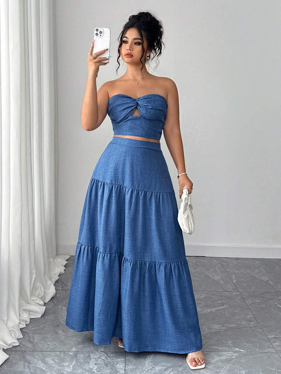 Elenzga Plus Size 2pcs Sets Elegant Blue Twist Bandeau Top And Ruffled Maxi Skirt, Vacation Style, Summer - Blue - View 1