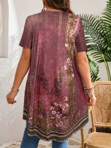EMERY ROSE Plus Size Crew Neck Short Sleeve Floral Print Casual Blouse, Everyday Wear,Summer,Tropical Vacation - Pink - View 2