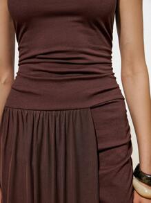 Lumivelle Women's Solid Color Round Neck Cap Sleeve Ruched Elegant Dress - Brown - View 6