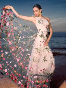 ZEYLAH 女士优雅派对 3D 花朵网眼刺绣不对称领口连衣裙 - 杏色 - 查看 8