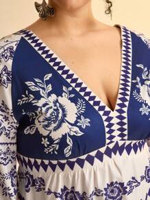 CAJUNI Vacation Casual Tropical Blue Floral Print Deep V-Neck Backless Tie-Up Lantern Sleeve Ruffle Hem Maxi Dress, Plus Size - Blue and White - View 3