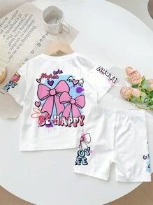 SHEIN 可爱卡通手绘涂鸦蝴蝶结设计，女童休闲简约圆领短袖T恤和紧身短裤套装，适合春夏季 - 彩色 - 查看 2