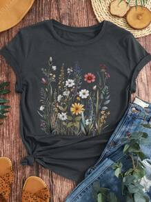 SHEIN LUNE Floral Pattern&Wear Comfortably&Round Neck T-Shirt&Summer&Spring,Women's Clothing Graphic Tees Women Tops