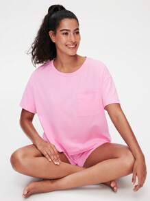 LUVLETTE Weiches Baumwoll-Loungewear-Set aus kurzärmeliger Crew-Neck-Oberteil in Rosa und Shorts, luftige Pyjama-Garnitur, sportlich-lässige, bequeme Outfits mit Taschen, Lingerie als Oberbekleidung