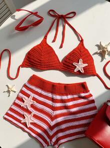 Comfortcana European Summer Beach Outfits American Flag Bikini 2pcs/Set Women Starfish Decoration Sleeveless Top And Striped Knit Shorts