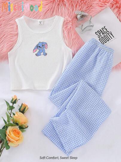 Genkimix Kids 2pcs/Set Girls Ribbed Texture Blue Vest Cartoon Rabbit Print Plaid Pants Comfortable Homewear Set Girl Summer Clothes Set Kids Summer Clothes Sets Young Girl Clothing Sets Young Girls Clothing Two Pieces Summer Clothes Girl Clothes Summer 10 11