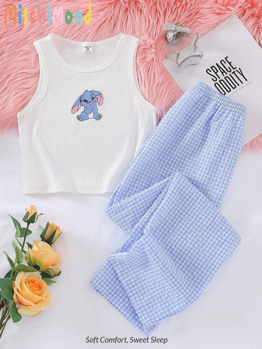 Genkimix Kids 2pcs/Set Girls Ribbed Texture Blue Vest Cartoon Rabbit Print Plaid Pants Comfortable Homewear Set Girl Summer Clothes Set Kids Summer Clothes Sets Young Girl Clothing Sets Young Girls Clothing Two Pieces Summer Clothes Girl Clothes Summer 10 11 - Blue - View 1