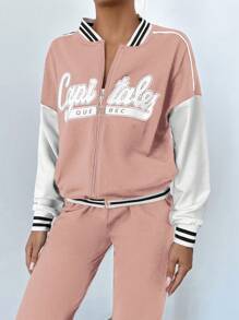 EURMUSE Letter Graphic Drop Shoulder Bomber Jacket & Drawstring Waist Sweatpants - Pink - View 5