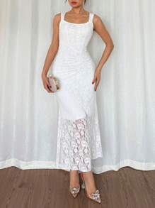 DAZY Vestido Camisole Jacquard Nicho para Mulheres, Novo Vestido Longo Ajustado com Cintura Franzida e Pregas Francesas 2025 para Casamento de Mulheres