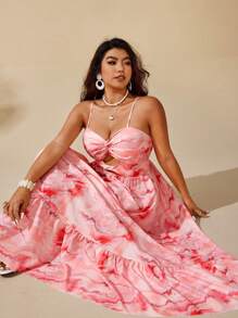 Sunserae Tie Dye Pattern Twist Ruched Waist Maxi A-Line Flare Hem Elegant Romantic Vacation Summer Plus Size Dress Tropical Colorblock Floral Print Boho Fashionable Style