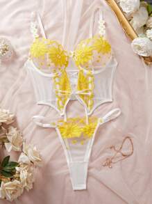 SHEIN 2pcs/Set Lace-Up Lace Patchwork Sheer Camisole Set, Sexy Lingerie - Yellow - View 1