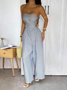 SHEIN EZwear Women's Regular Casual Blue And White Striped Tie Front Open Waist Hollow Back Tie Jumpsuit Suitable For Summer Seaside Vacation - Multicolor - View 5