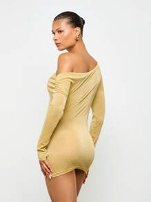 AiiRZ Off Shoulder Long Sleeve Mini Dress Beach Cover Up Resort Wear Party Evening Shimmer Bodycon Stretch Clubwear - Gold - View 3