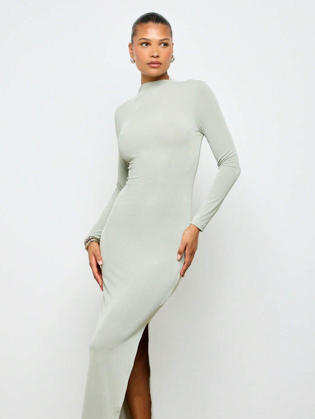 ribbed mock neck bodycon dress Ribbed Knit Mock Neck Dress L